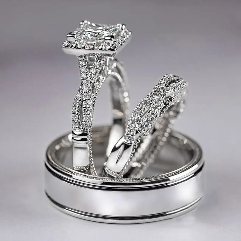 Gorgeous Women/Men Wedding Set Rings Mosaic AAAA CZ Two Tone Romantic Female Engagement Fashion Jewelry Top Quality