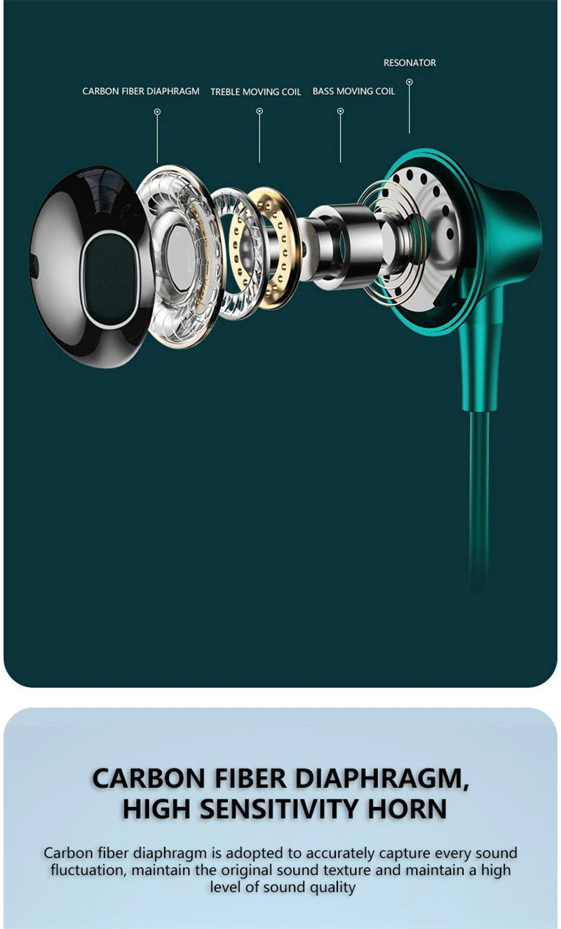 Teal in-ear wired earphone headset with mic, bass HiFi, carbon fiber diaphragm