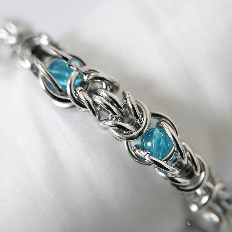 Men’s Bracelet Hip Hop Blue Beads Stainless Steel Chain for Men