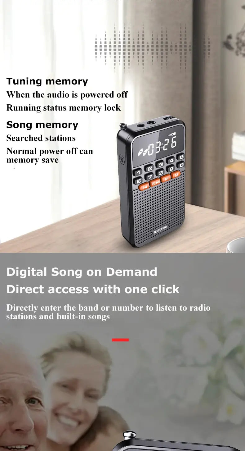 Portable FM Mini Radio Dual Antenna Pocket Receiver Bluetooth 5.0 Speaker TF Card Music Player with LED Flashlight