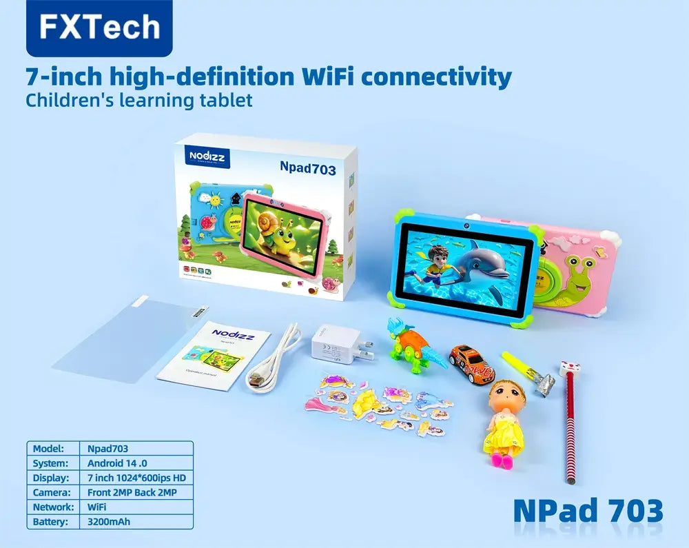 Kids Tablet 4GB + 128GB Memory Napd 703 4 Core 7.01 HD Display 3200mAh WIFI-5G Android 14 Tablets for Children Girls