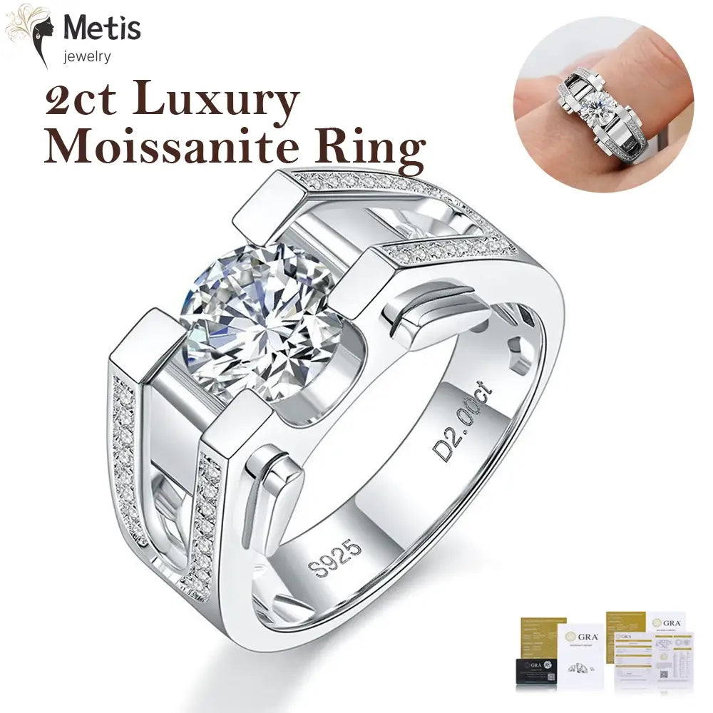 2ct Moissanite Diamond Men’s Rings 925 Sterling Silver White Gold 18K Brilliant Engagement Wedding Jewelry for Men