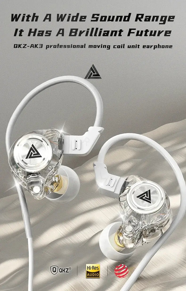 QKZ AK3 FiLe wired earphones with clear crystal housing and gold accents