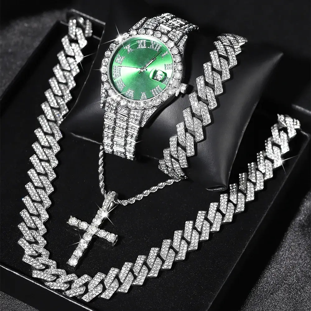 Exquisite Watch Set with Gift Box Cuban Chain Diamond Rhinestone Bracelet Pendant Cross Hip Hop Fashion Jewelry Men