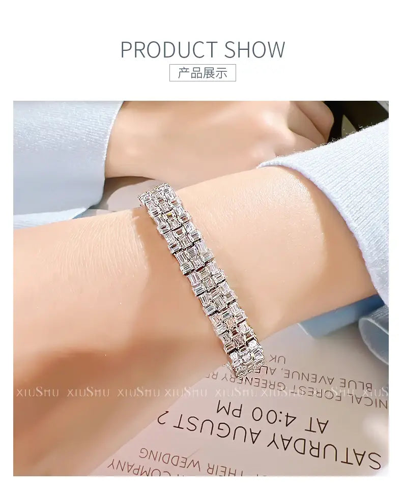 Fashion Light Luxury Simple Green Cut Inlaid High Carbon Diamond 925 Versatile Silver Bracelet Wedding Jewelry