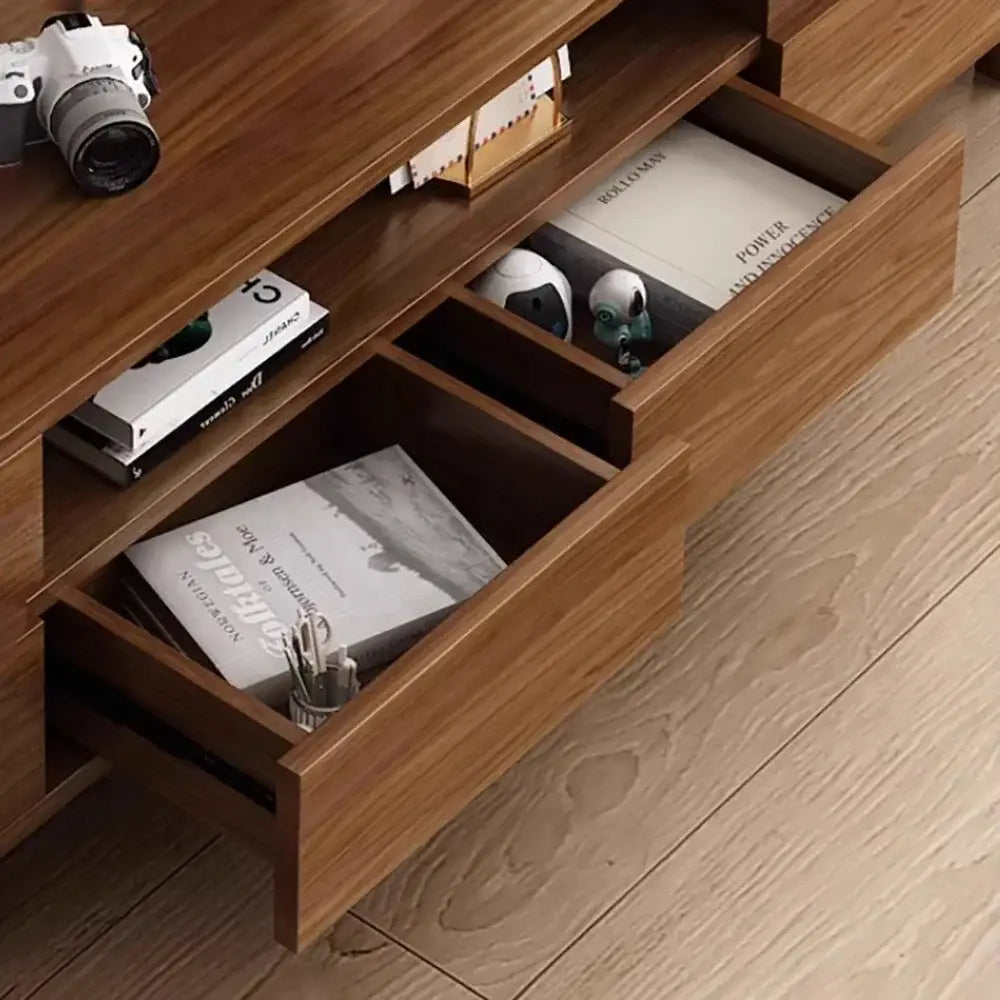 Modern wooden storage TV stand retro glamour with open drawers