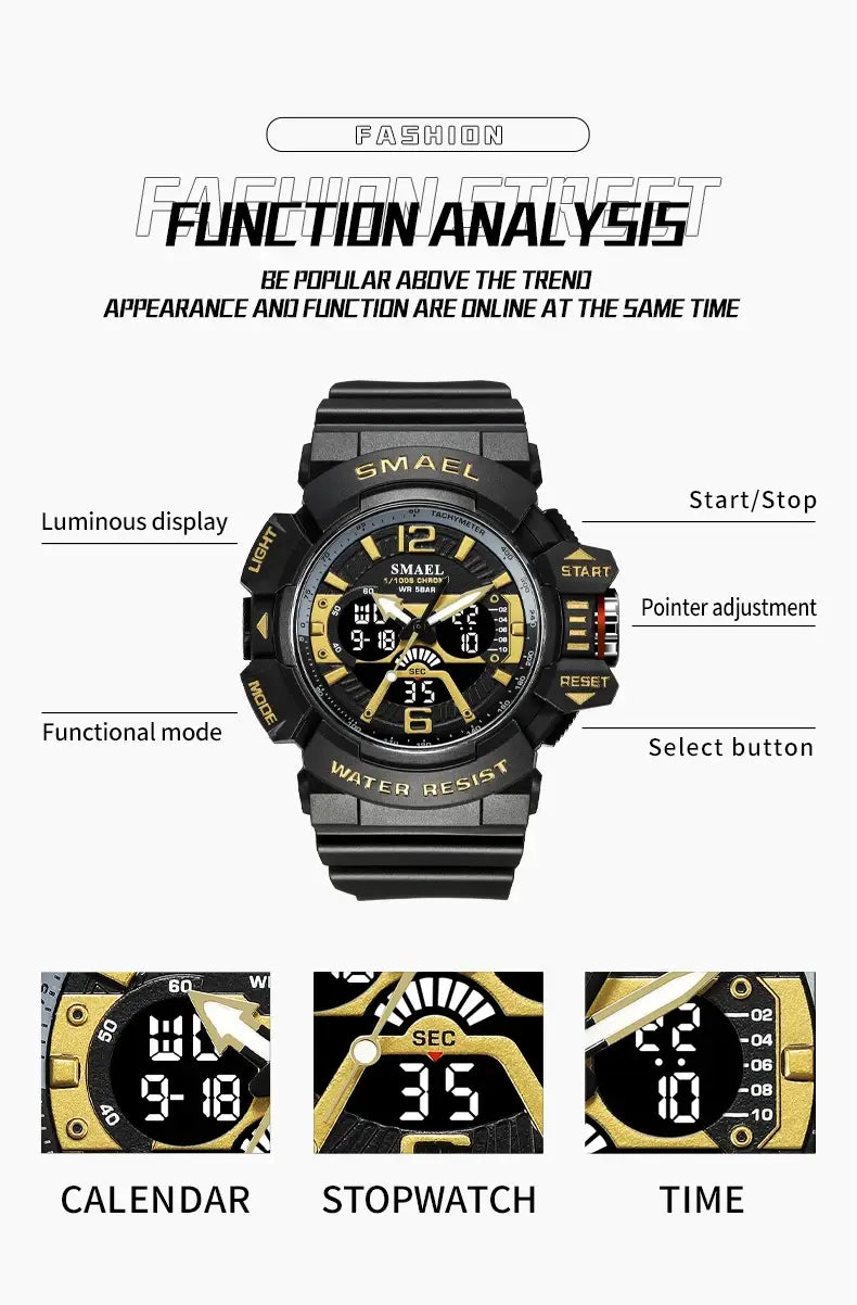 Sport Watch Men SMAEL 50M Waterproof Wristwatches Dual Time Display Multi-function Sports Clocks 8065 Mens Watches