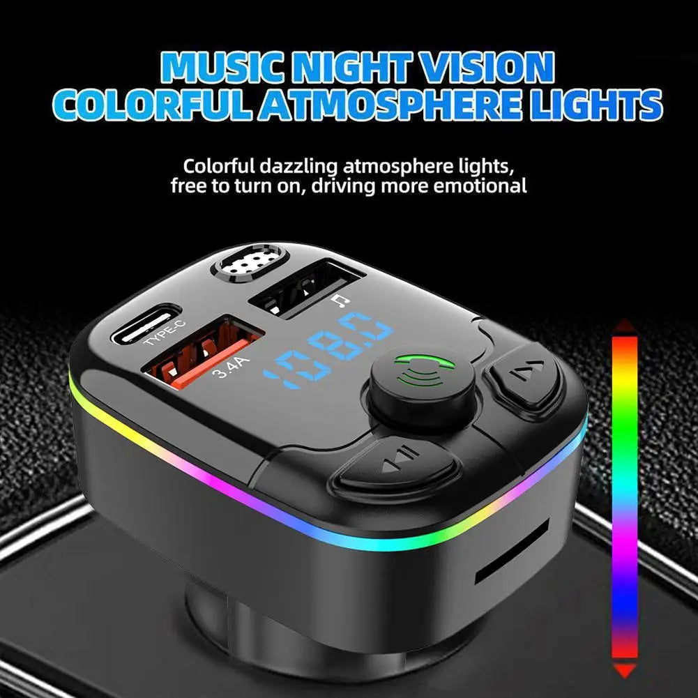 FM Transmitter PD Type-C Dual USB 3.1A Car Bluetooth 5.0 Fast Charger Colorful Ambient Light Handsfree MP3 Modulator