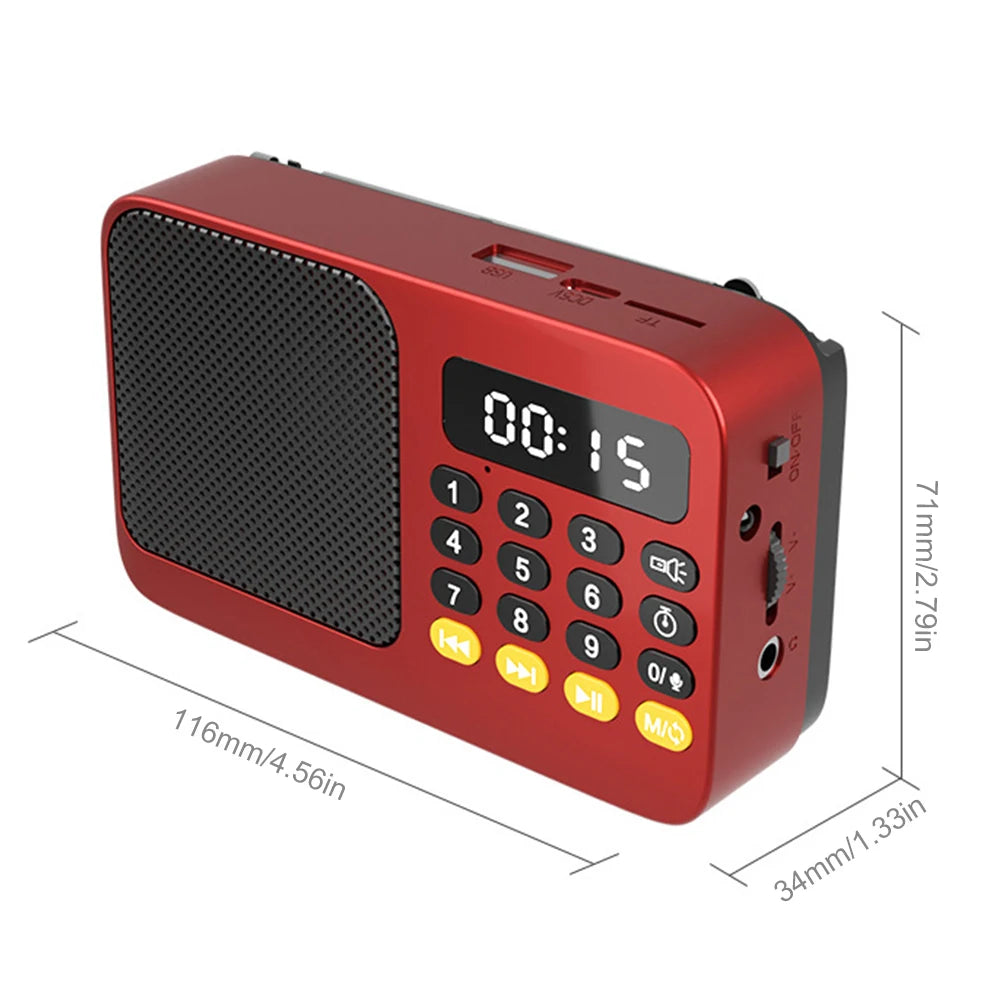 Red portable radio music player with LED display showing 00:15