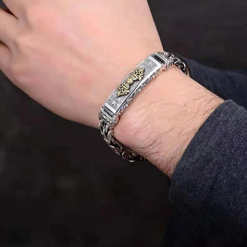 Real solid S925 silver men’s bracelet with intricate gold-colored centerpiece and peace pattern