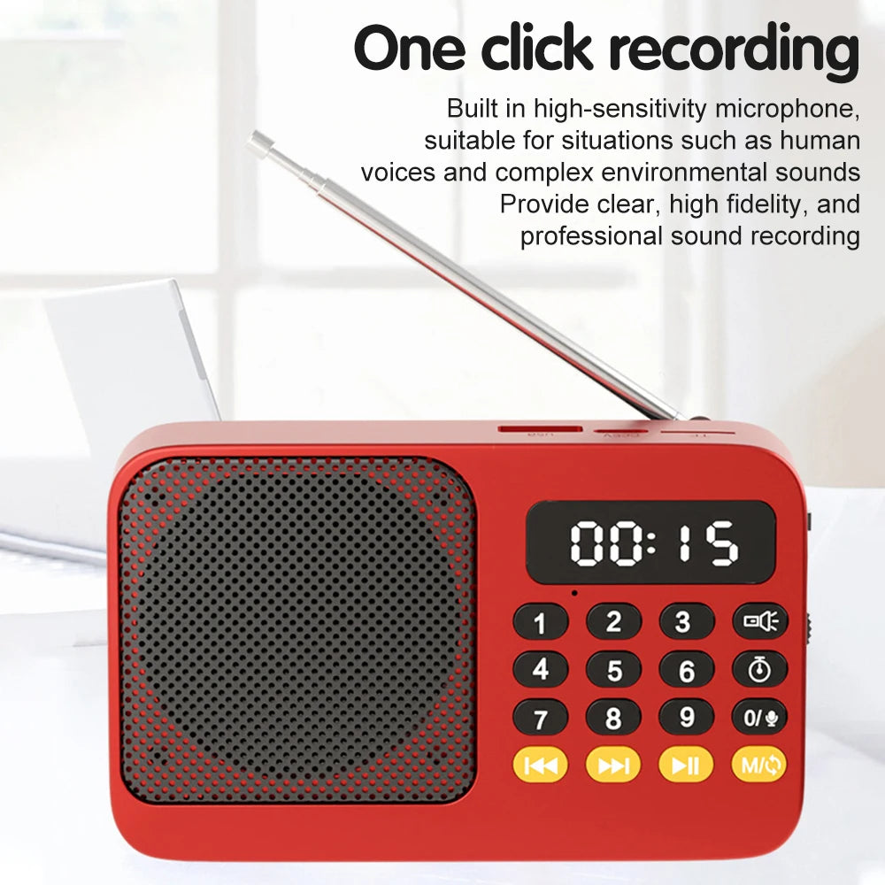 Red portable radio music player with LED display showing 00:15