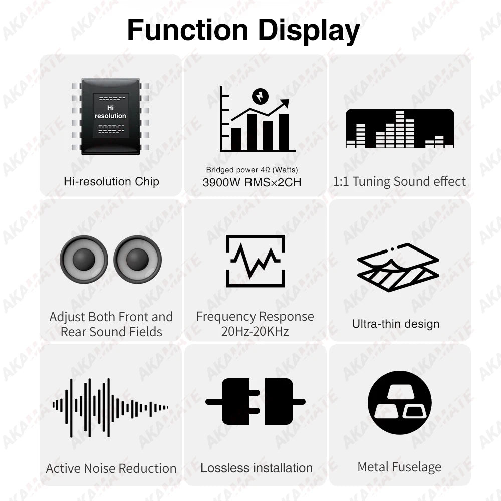 Black and white graphic of 4-channel car audio amplifier specs: 7800W max, hi-res chip, stereo surround, passive subwoofer
