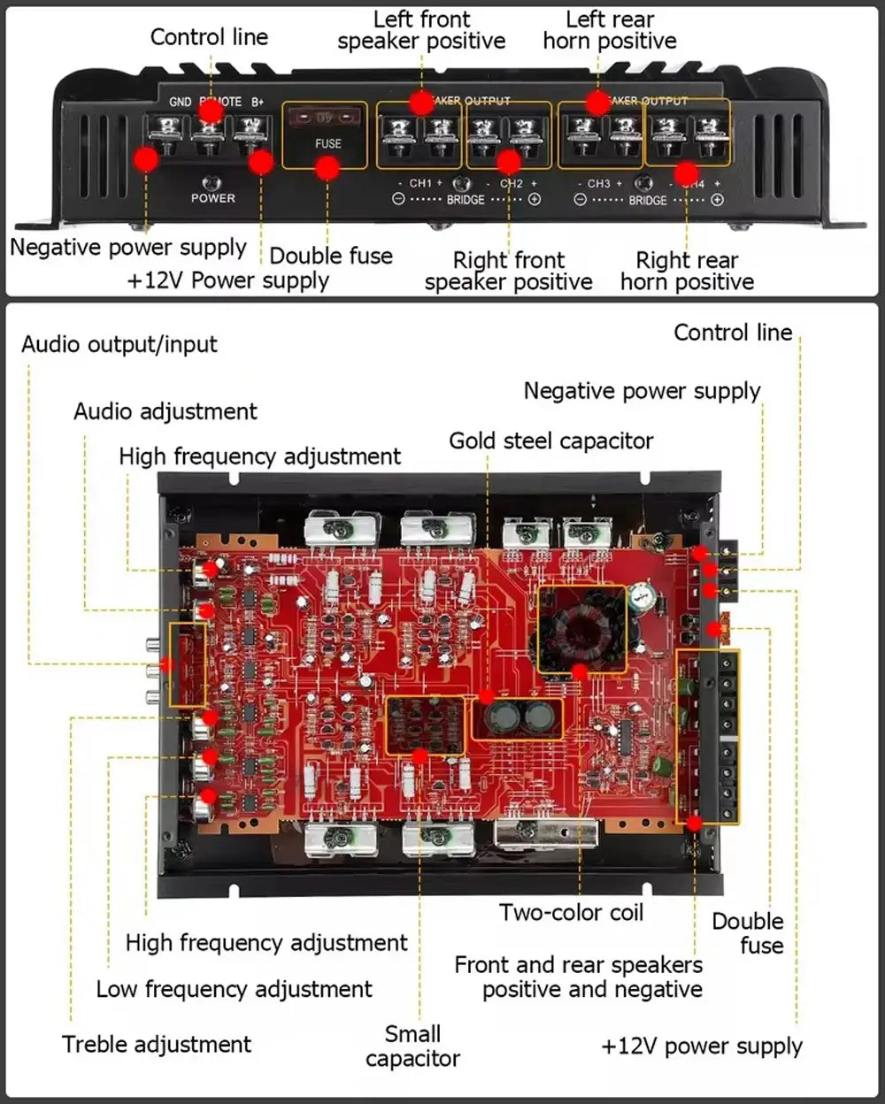 SK-790.4 Car Power Amplifier 4-Channel Class A/B Digital Stereo Surround Passive Subwoofer 12V Audio Player Max 7900W