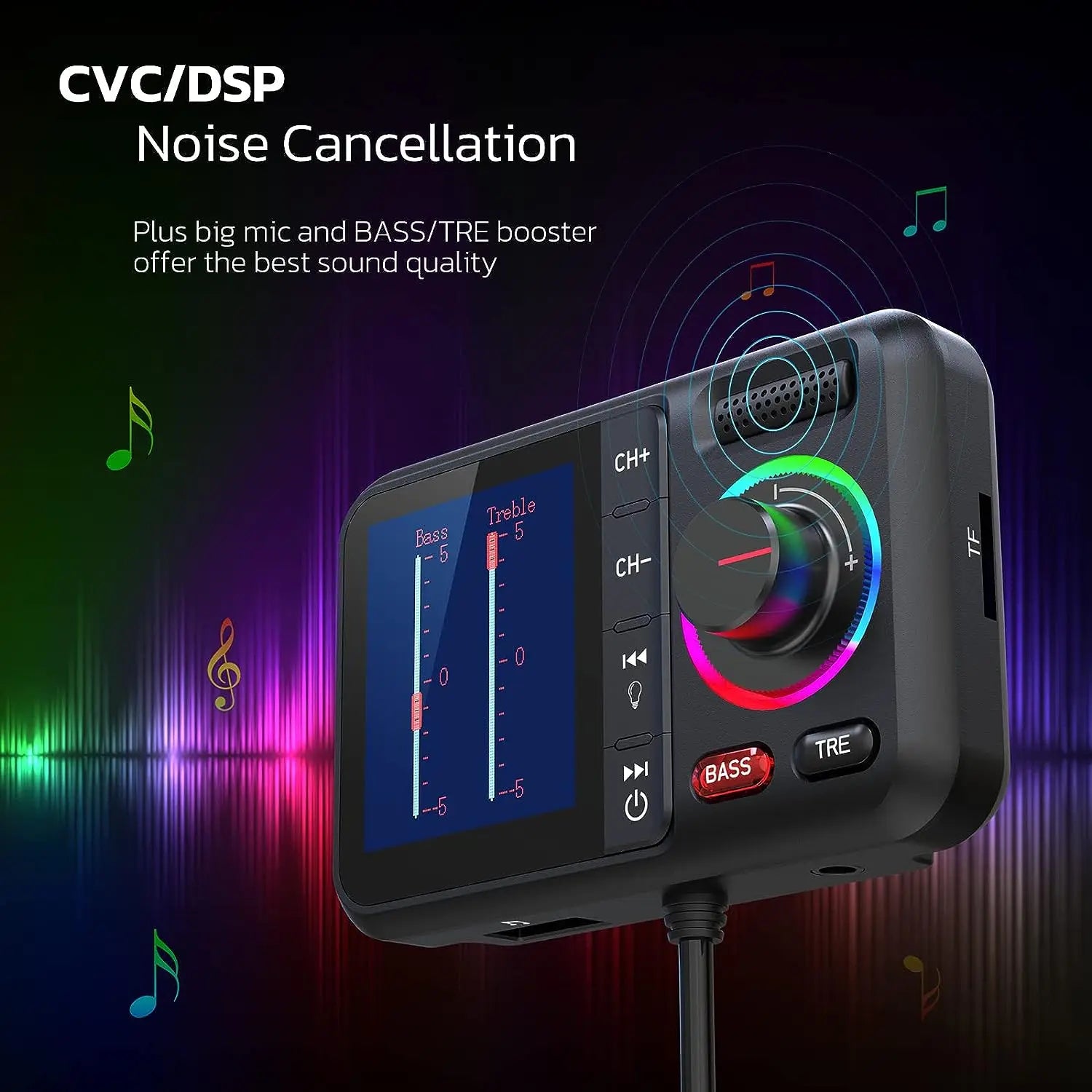 Multifunctional Wireless FM Transmitter with Big Color Screen 2.4A QC3.0 Dual USB Fast Charging Car AUX Adapter MP3