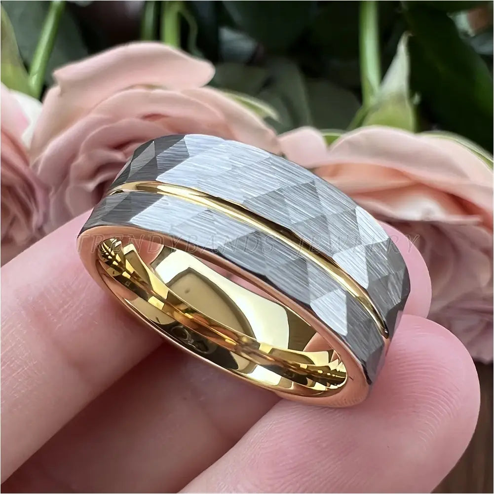 8mm Women Wedding Ring Tungsten Carbide Engagement Band Fashion Jewelry Hammered Brushed Finish Grooved Comfort Fit