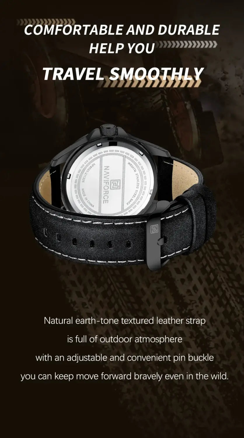 Naviforce brand men fashion quartz watch with black leather strap