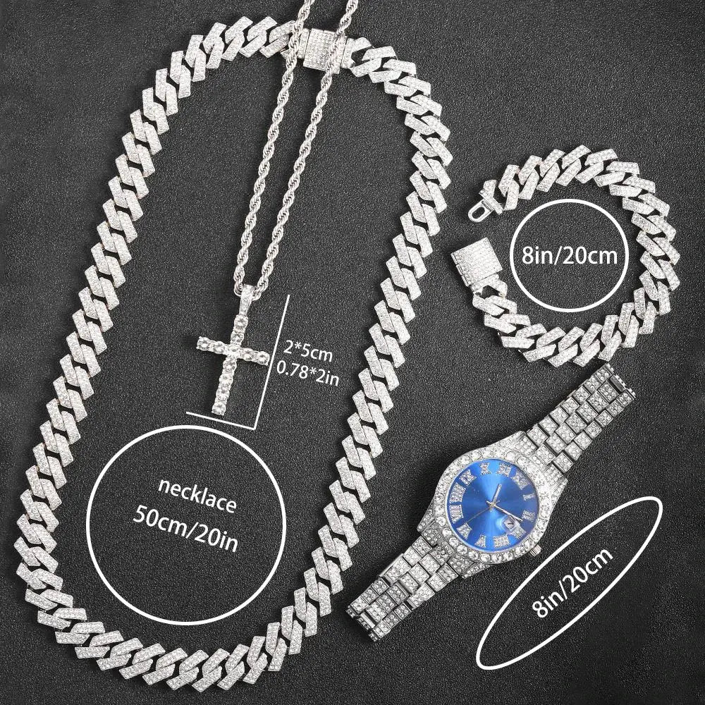 Exquisite Watch Set with Gift Box Cuban Chain Diamond Rhinestone Bracelet Pendant Cross Hip Hop Fashion Jewelry Men