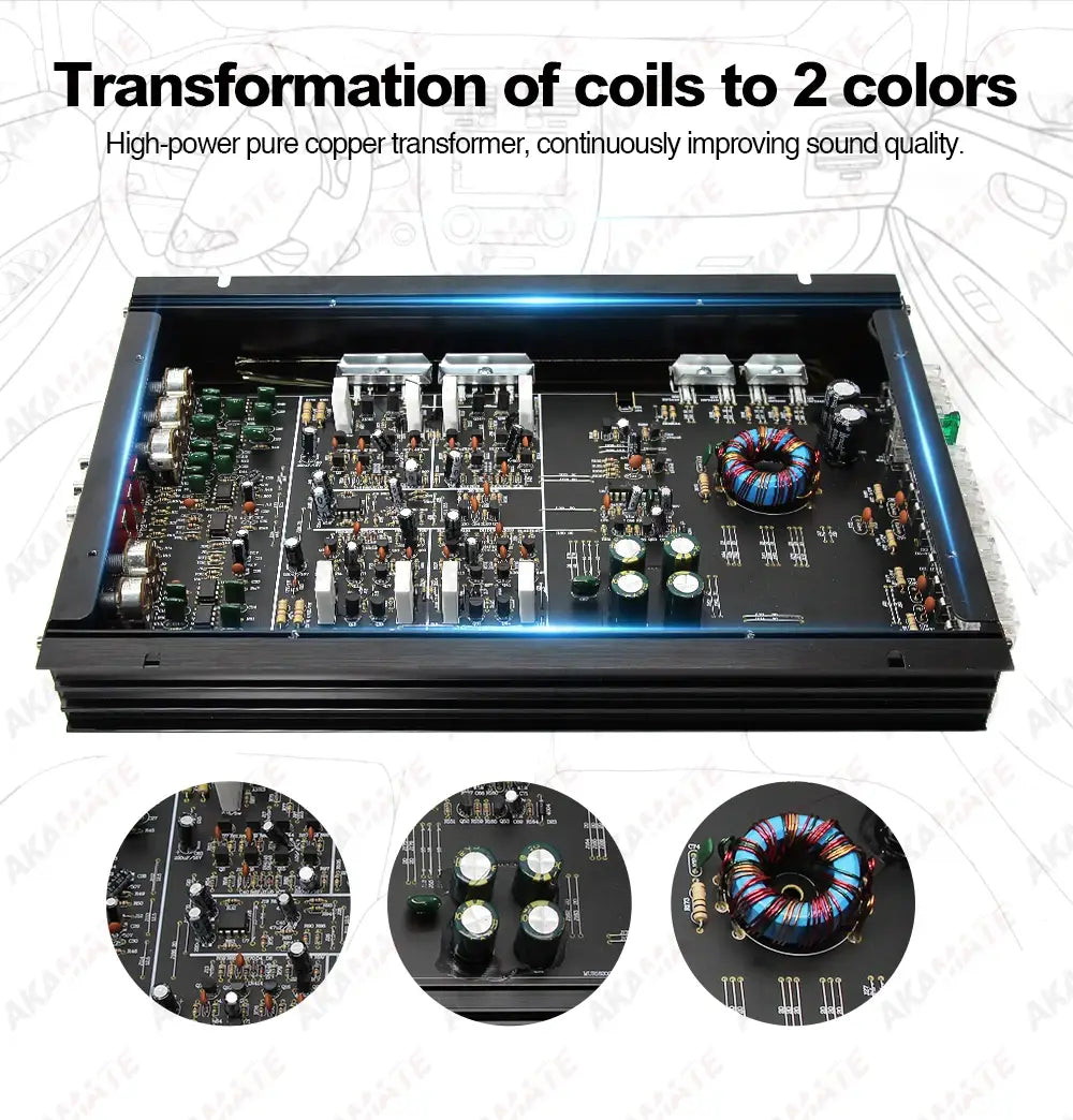 Black high-power 4-channel car audio amplifier with stereo surround for passive subwoofer, max 7800W