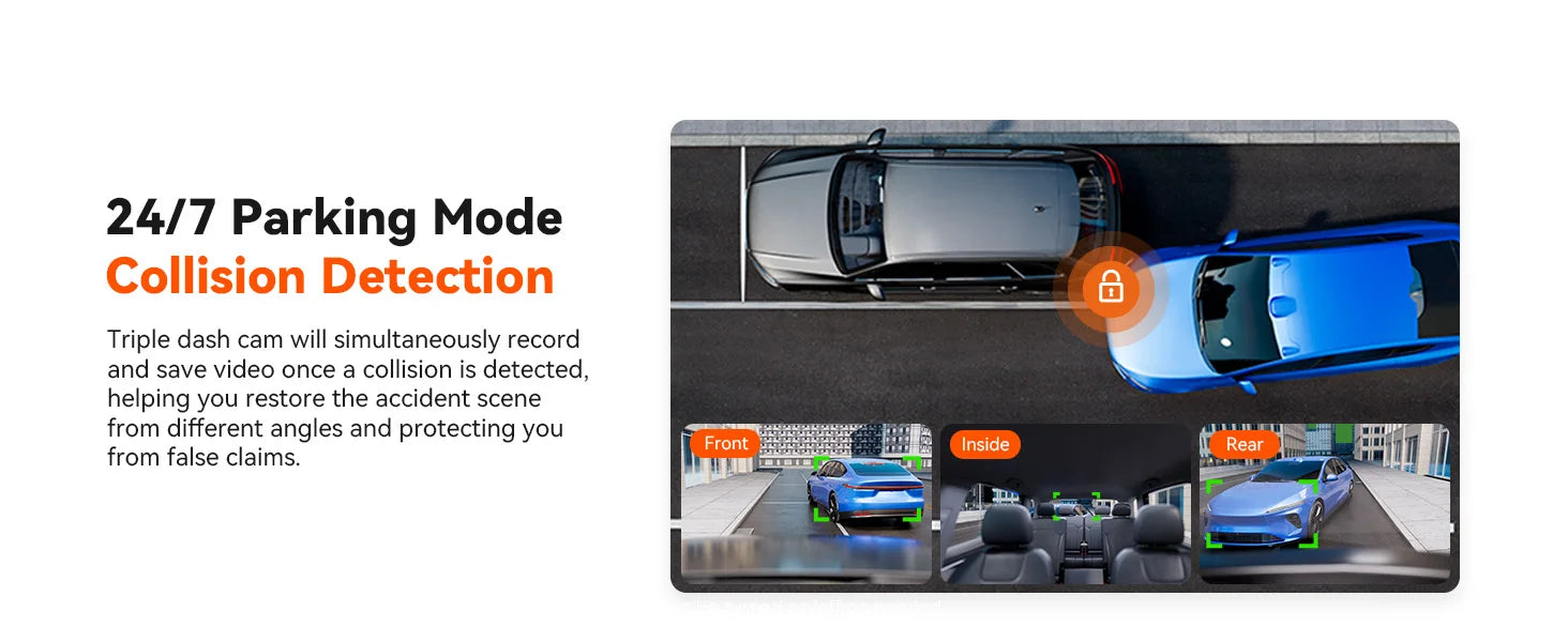 3-channel car DVR dash cam with UHD 4K front, inside, rear views