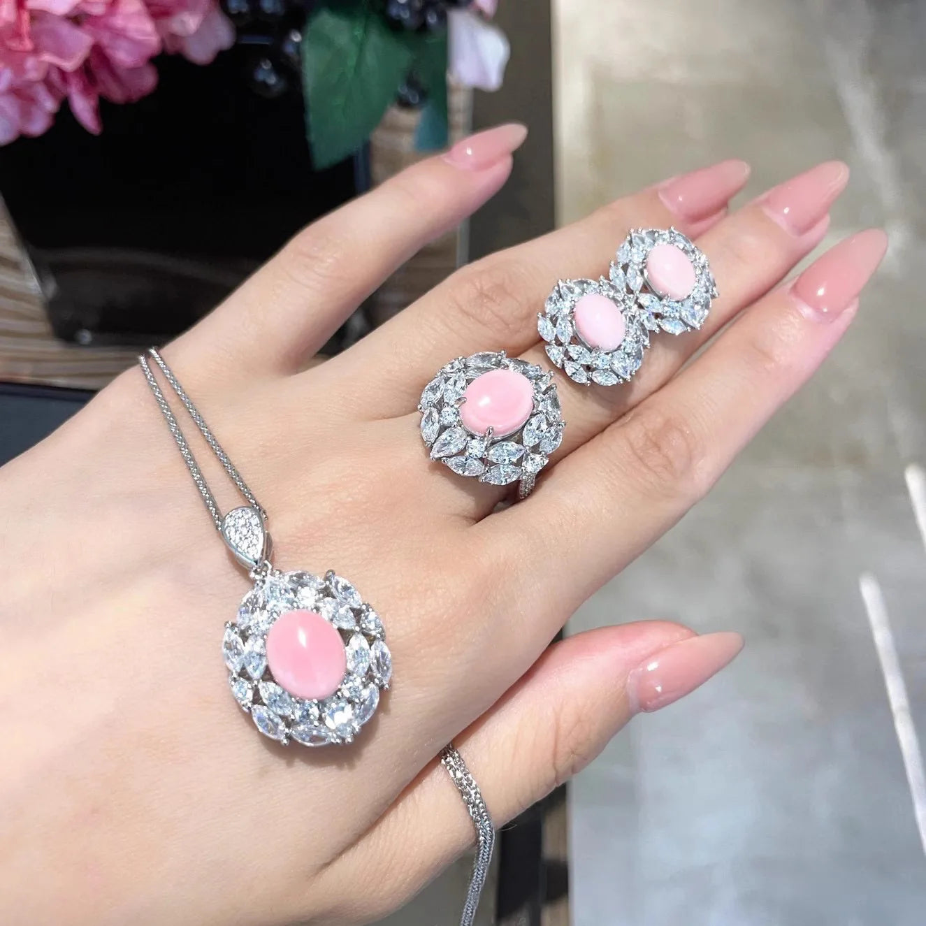 Exquisite luxury Design Jewelry Sets with Pink Quartz Zircon Pendant Necklaces Earrings Silver Color Rings Wedding 3