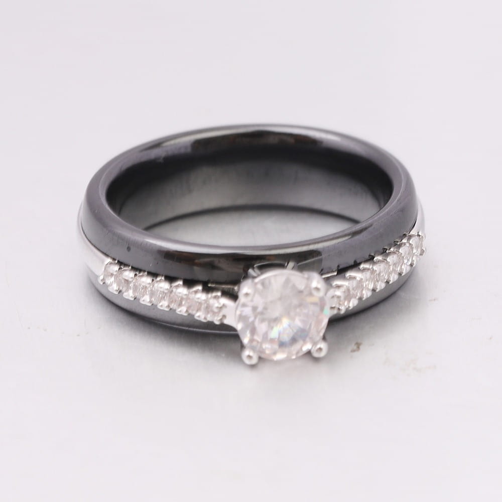 Kolmnsta 6mm Sparkling 4 Claws Round Zircon Ceramic Rings For Women Stainless Steel Engagement Wedding Bands Jewelry