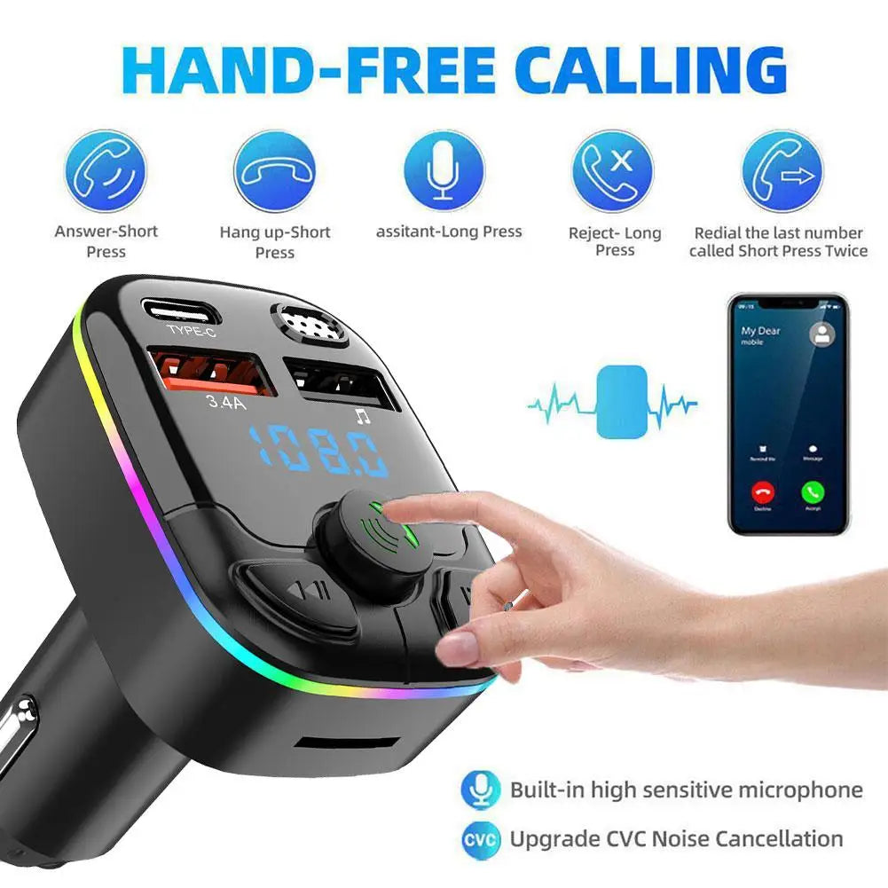 Bluetooth 5.0 Car FM Transmitter PD Type-C Dual USB Ambient Player MP3 Charger Wireless Light 18W Handsfree QC3.0