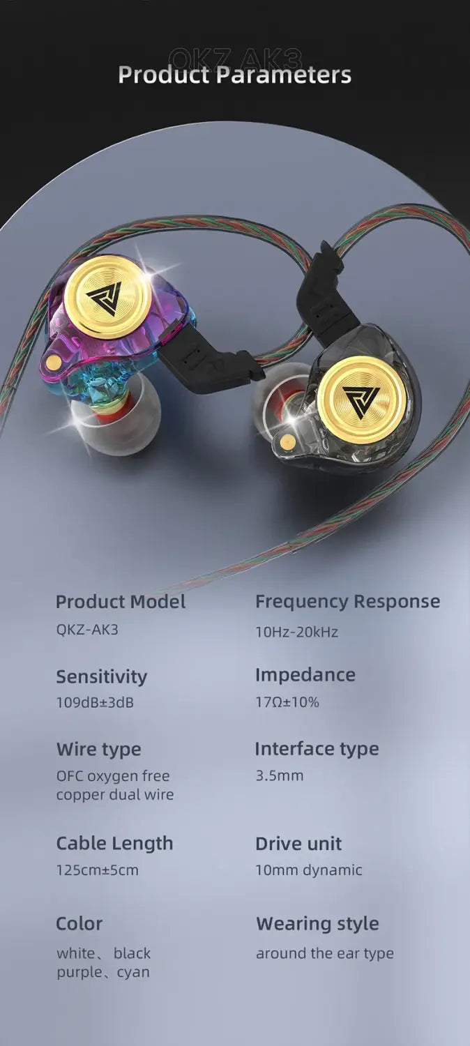 QKZ AK3 FiLe wired earphones with gold-plated earpieces and colorful cable
