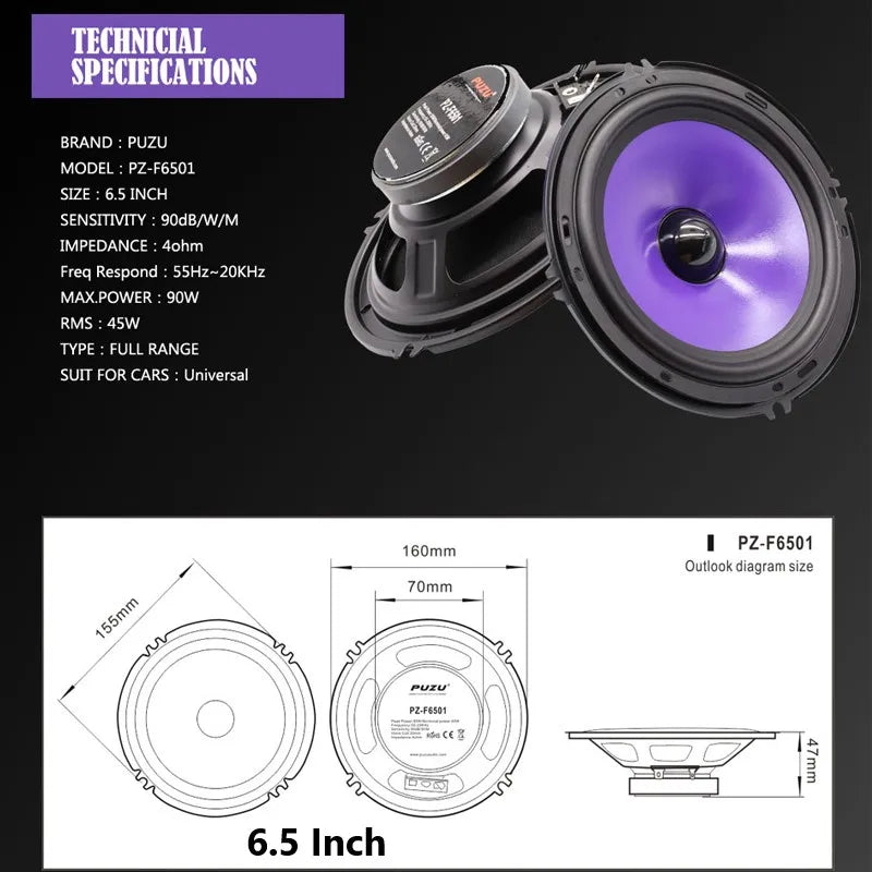 2pcs 6.5Inch 90W Subwoofer Car Speakers Heavy Mid-bass Modified Auto Audio Full Range Frequency Automotive