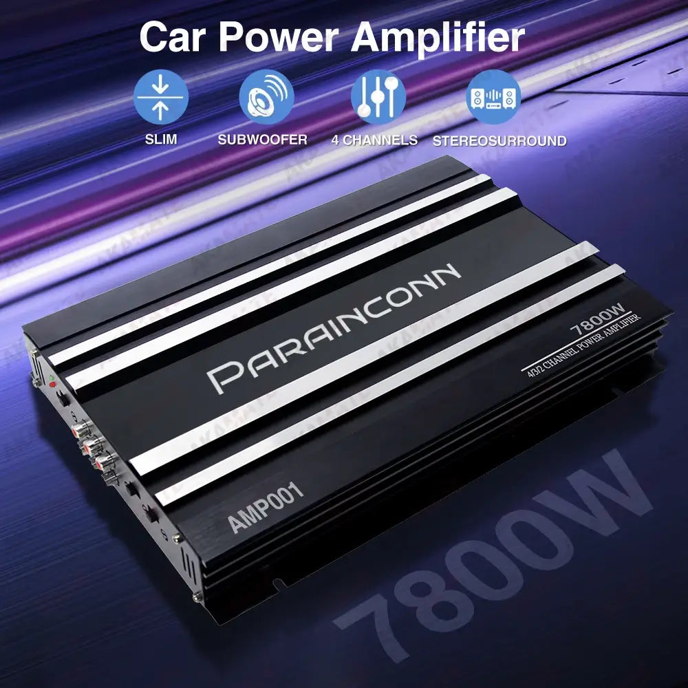 Sleek black and silver Parainconn AMP001 4-channel car audio amplifier with stereo surround for passive subwoofer