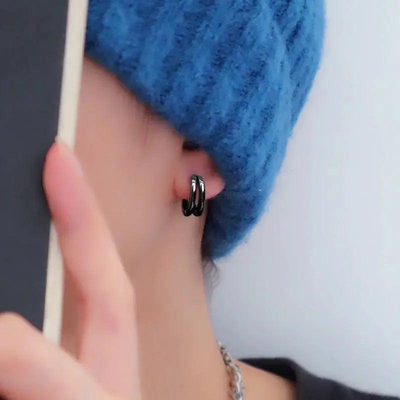 1 Pair Hollow Double Ring Small Hoop Earrings For Men Women New Trend Black Silver-color Hip Hop Party Gothic Ear