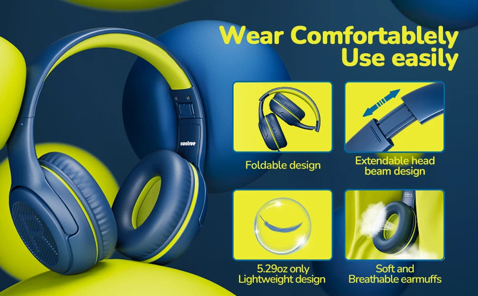 AWATRUE AT2 blue yellow foldable stereo gaming headphones with mic soft memory