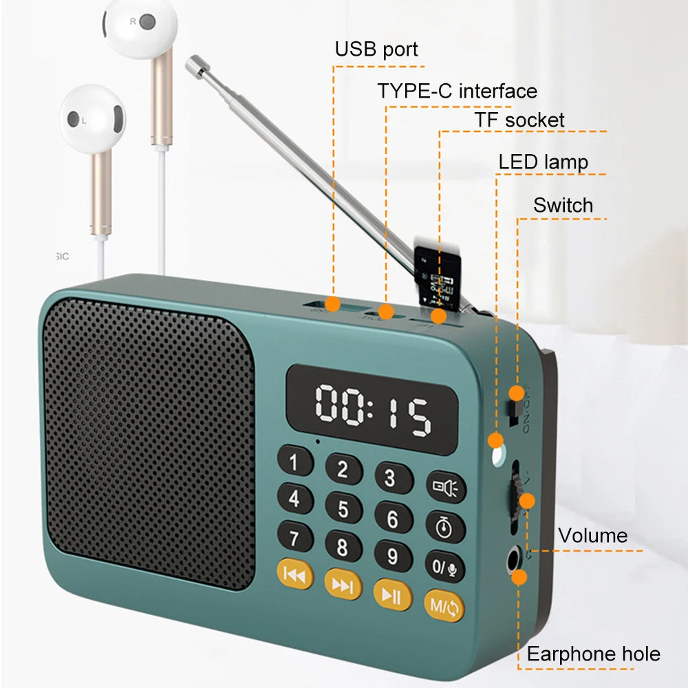 Teal portable radio music player with LED display and antenna
