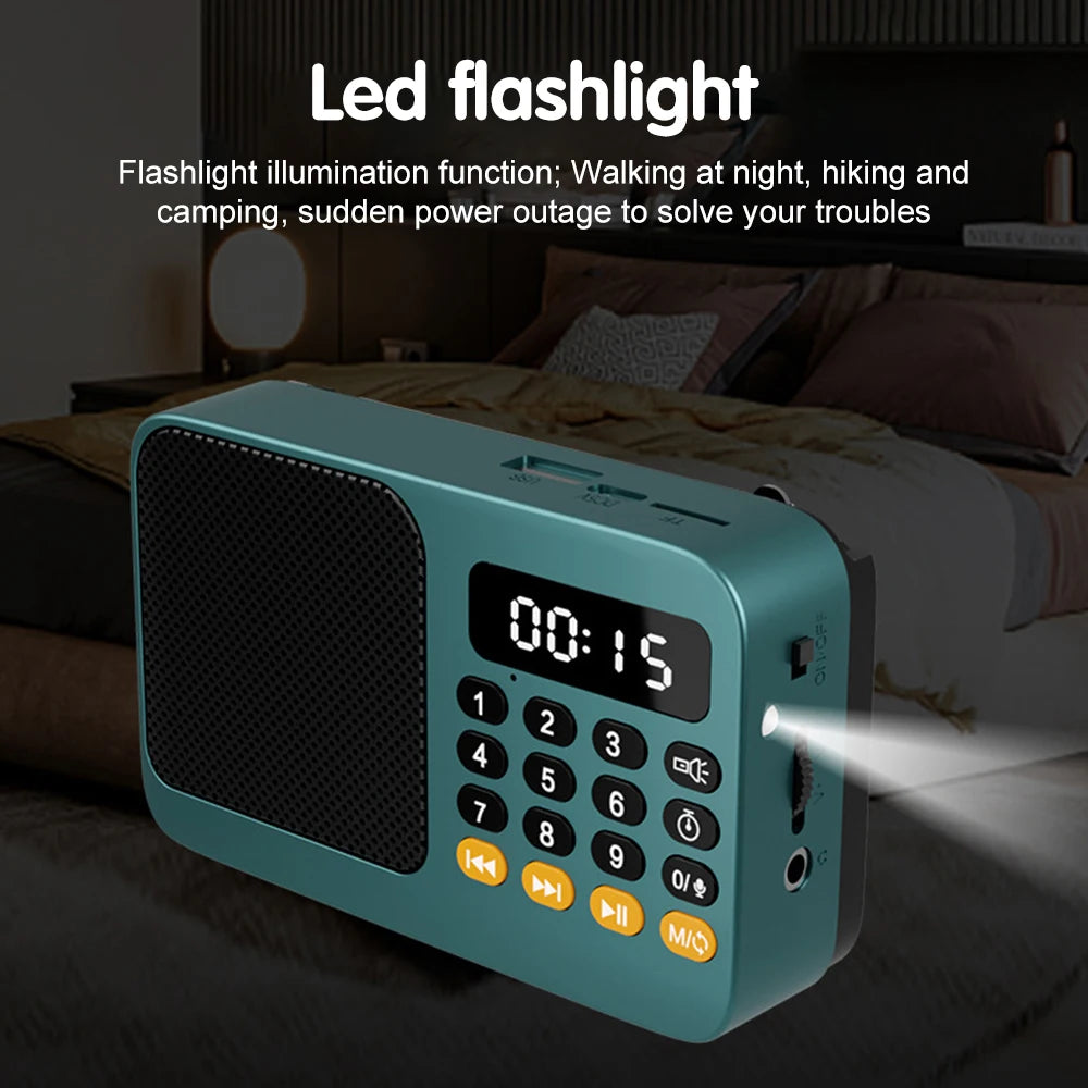 Teal portable radio music player with LED flashlight and digital display