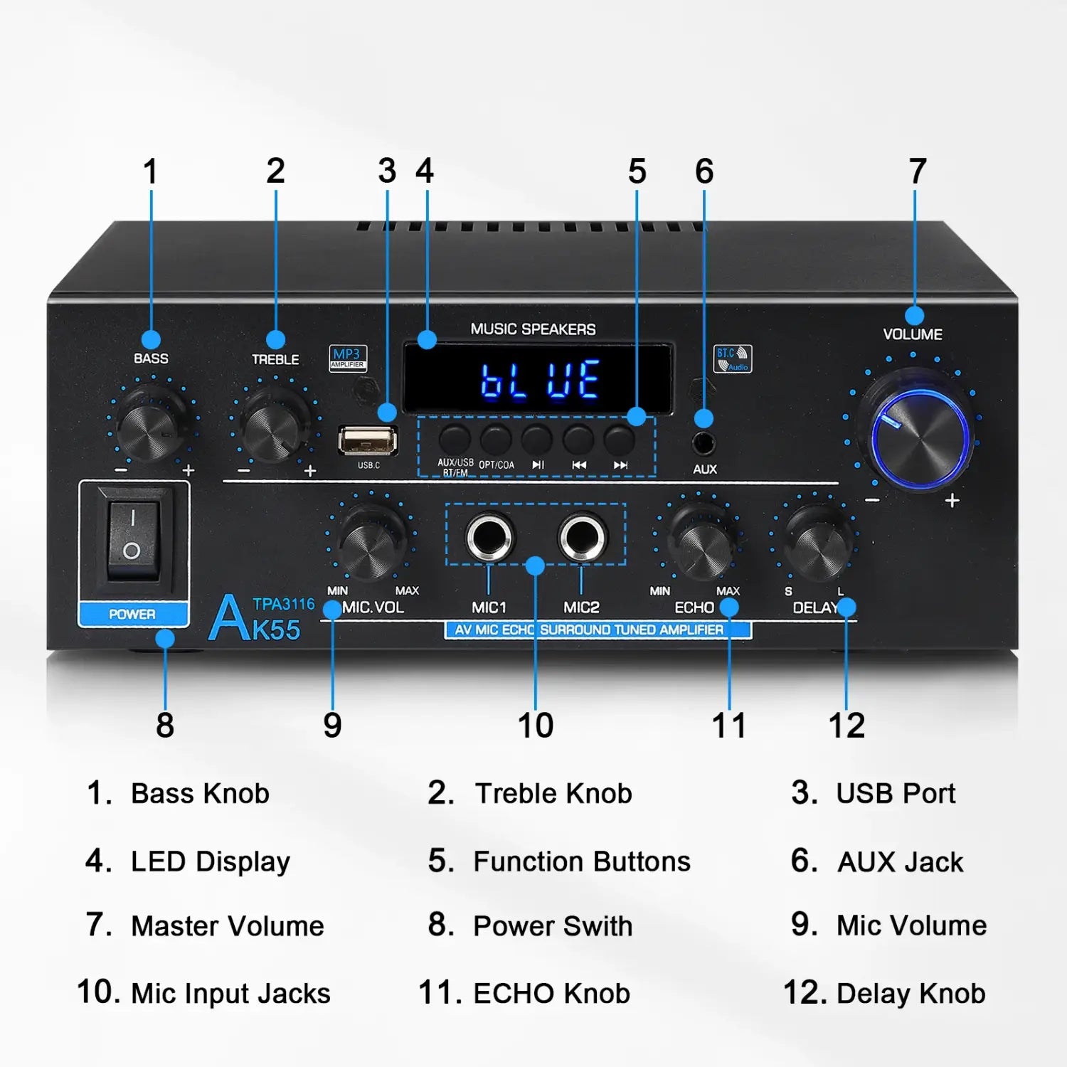 Woopker AK55 black TPA3116 power amplifier with remote control, blue LED display