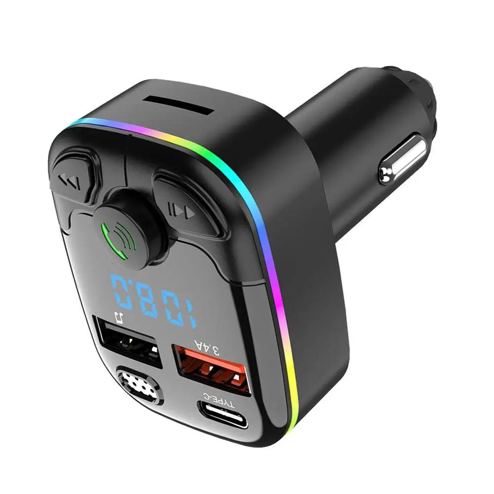 FM Transmitter PD Type-C Dual USB 3.1A Car Bluetooth 5.0 Fast Charger Colorful Ambient Light Handsfree MP3 Modulator