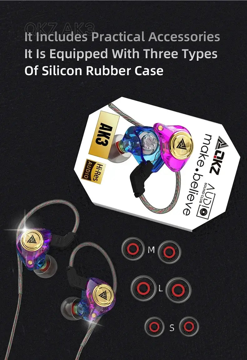 QKZ AK3 FiLe wired earphones with vibrant purple blue IEMs and gold accents