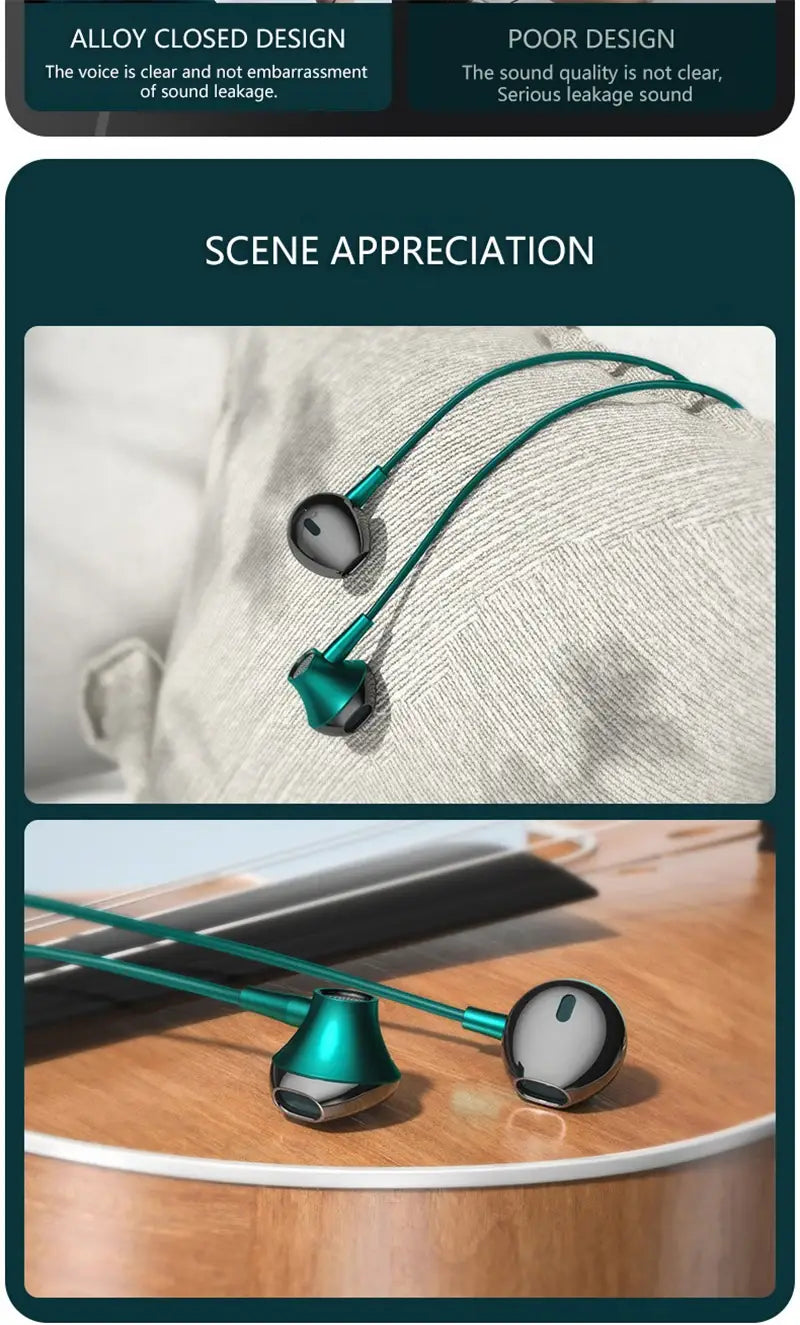 Teal and silver wired ear headset with microphone bass hifi stereo