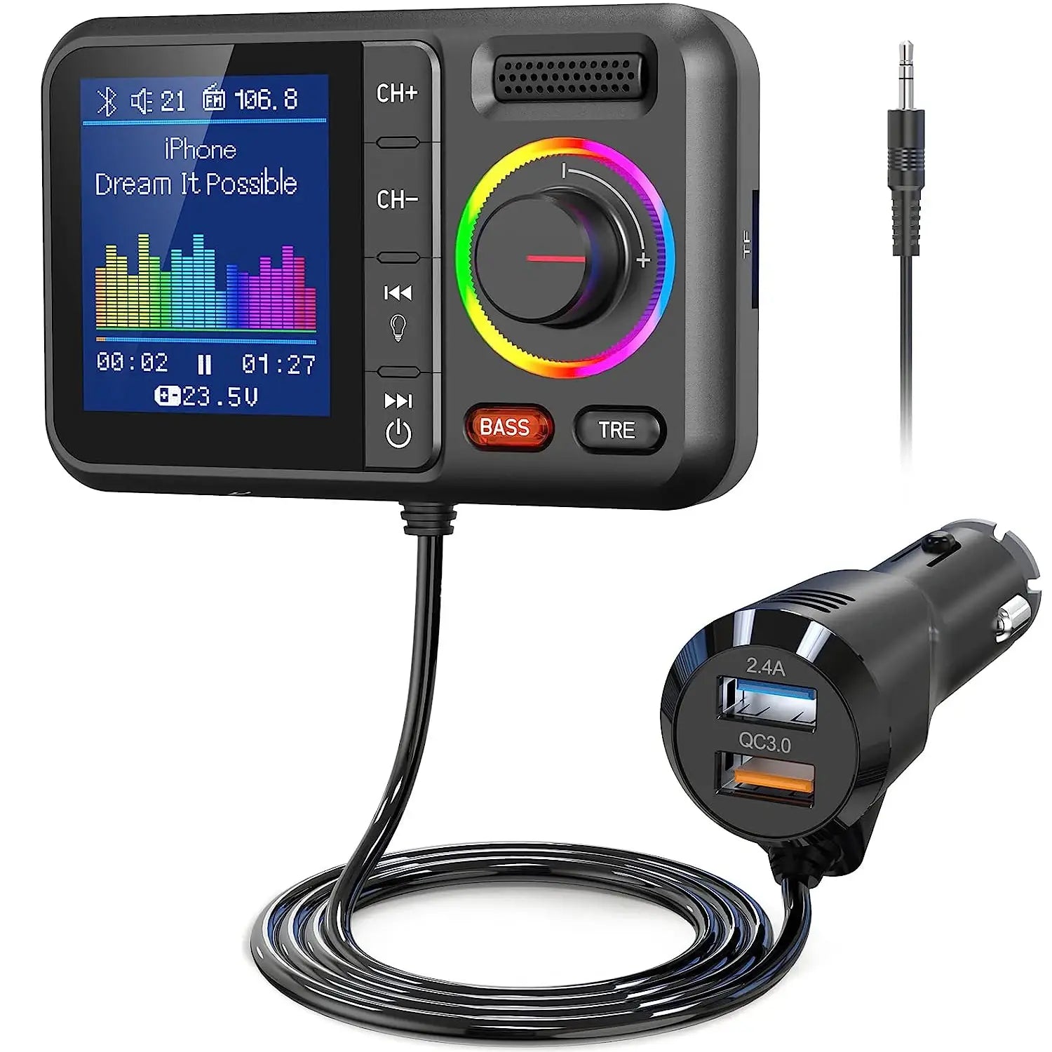 Multifunctional Wireless FM Transmitter with Big Color Screen 2.4A QC3.0 Dual USB Fast Charging Car AUX Adapter MP3