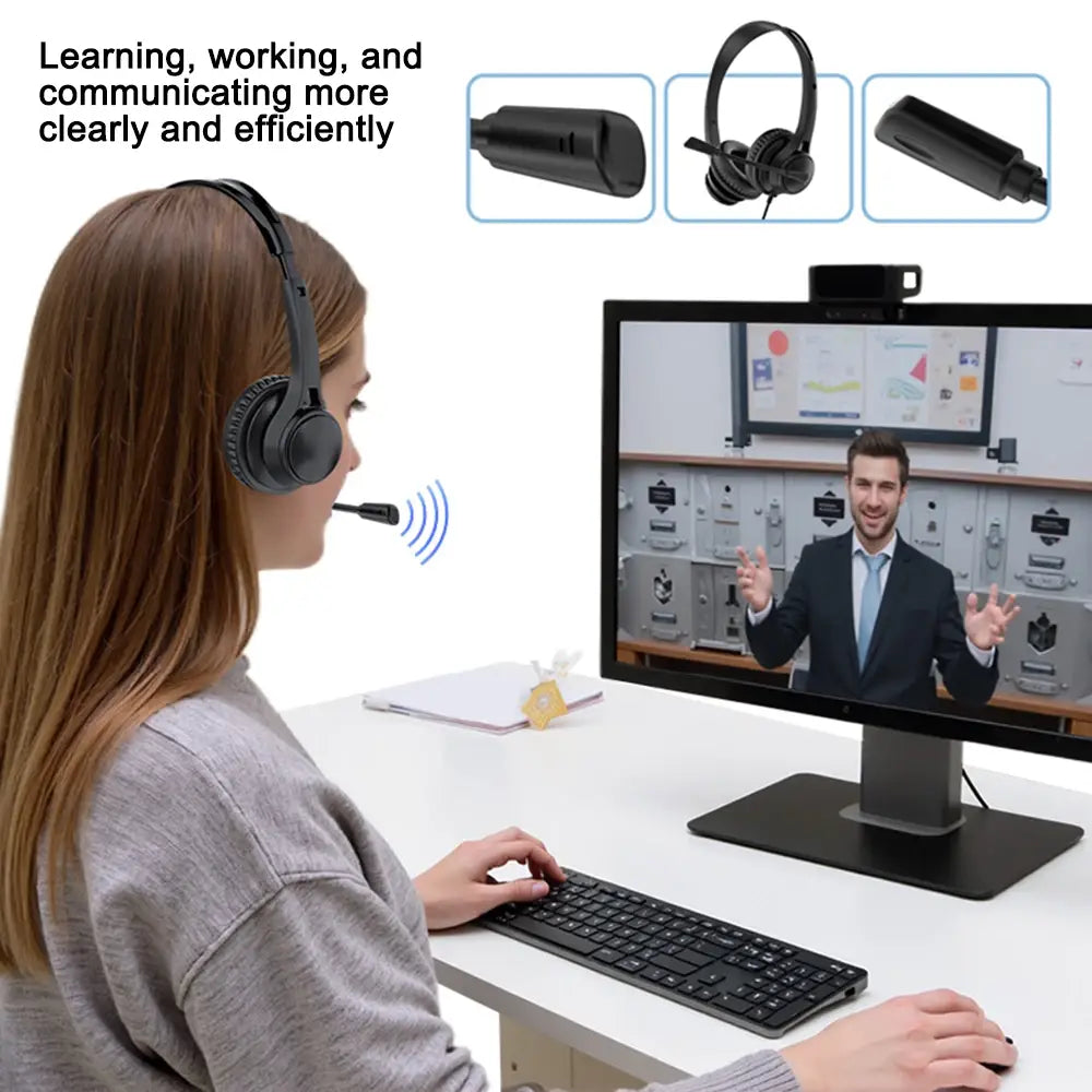 Wired USB Headset Call Center Headphones with Microphone Noise Cancelling Over Gaming 3.5MM For Compute