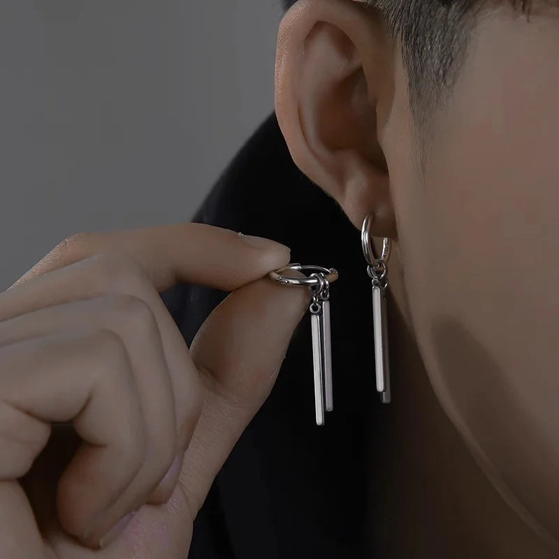 Trendy Men Earrings Minimalist Long Strip Double Stick 925 Sterling Silver Ear Buckle Male Cool Personality Dropping