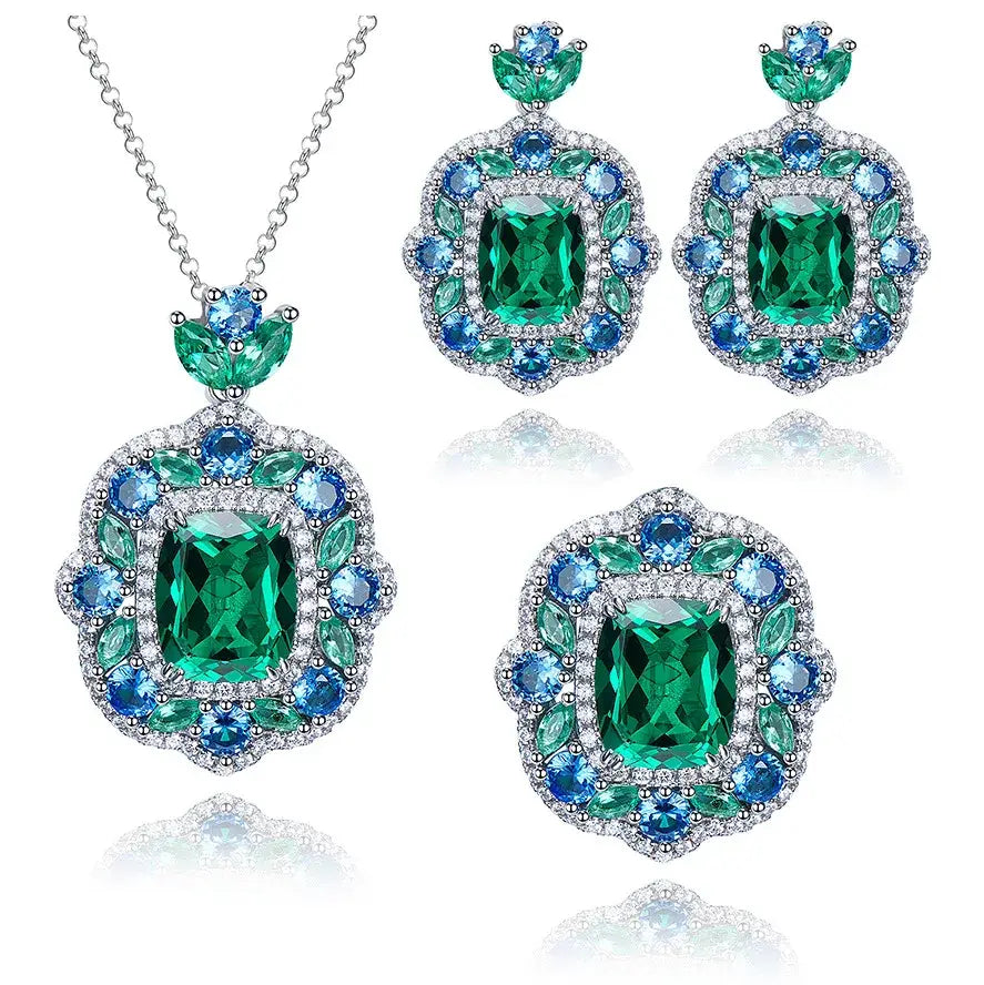 Europe America Luxury Platinum Plated Jewelry Sets Fashion Women Bridal Square Green Stone Pendant Necklaces Earrings