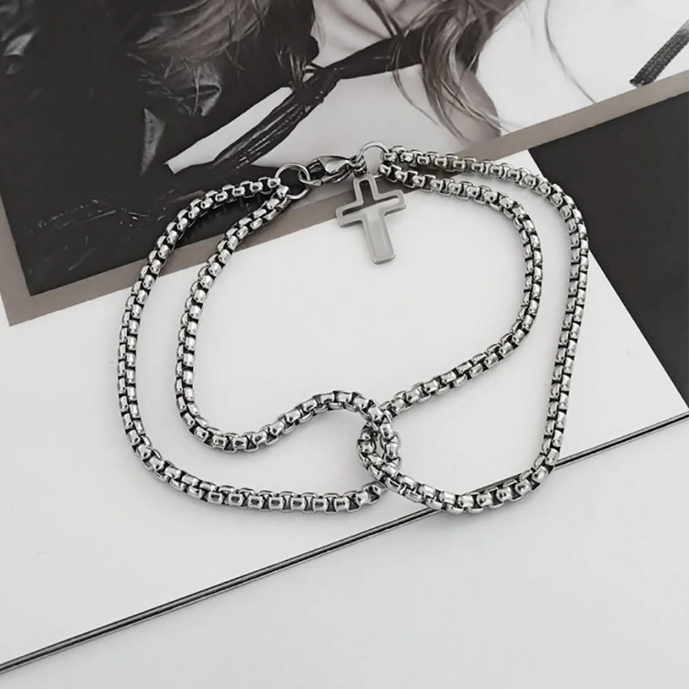Men’s Fashion Double Chain Cross Hollow Wrist Bracelets Lobster Claw Clasp Stainless Steel Bracelet Hip Hop Punk Party