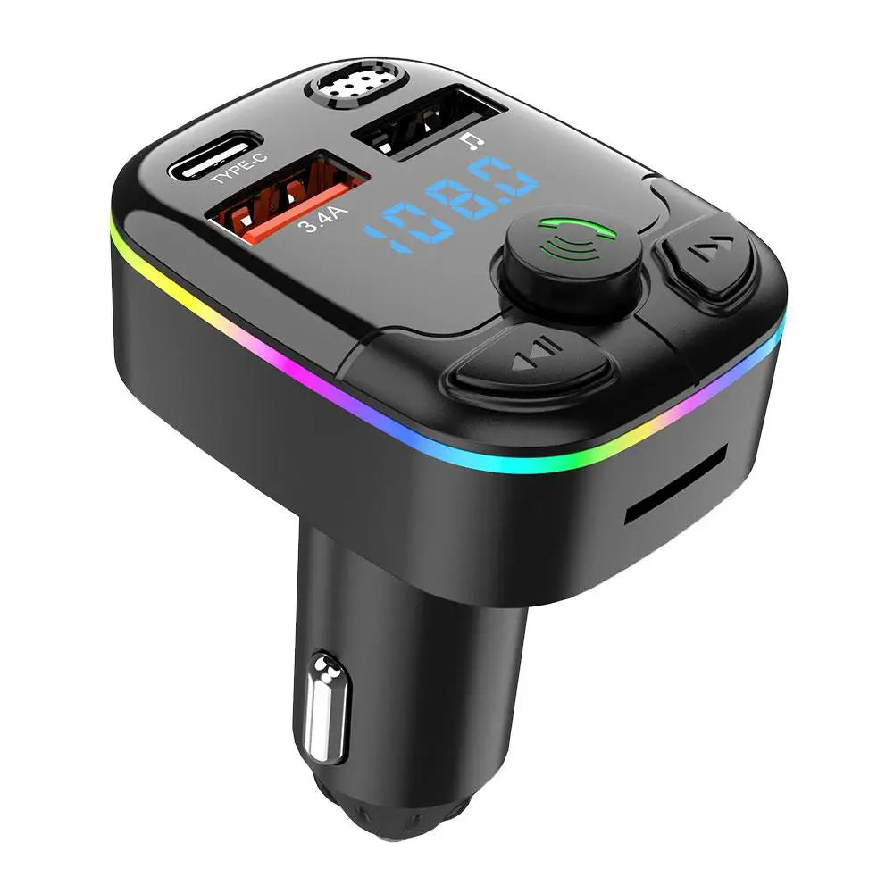 Bluetooth 5.0 Car FM Transmitter PD Type-C Dual USB Ambient Player MP3 Charger Wireless Light 18W Handsfree QC3.0