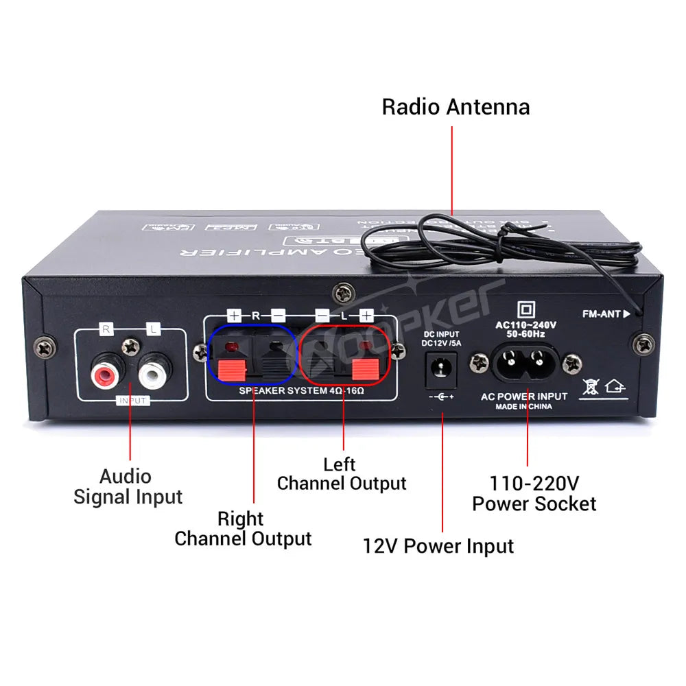 Woopker AK45 Pro black car power amplifier with ports and remote control