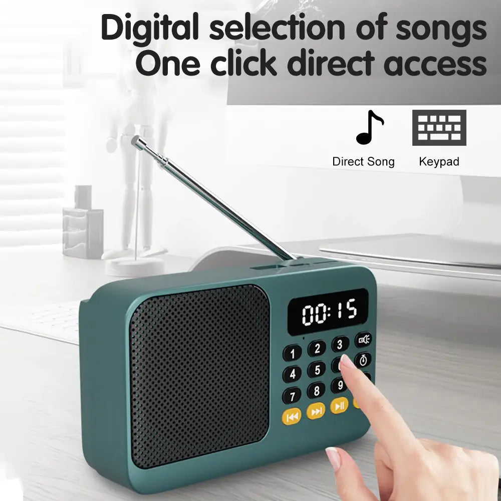 Teal portable radio music player with LED display and telescopic antenna