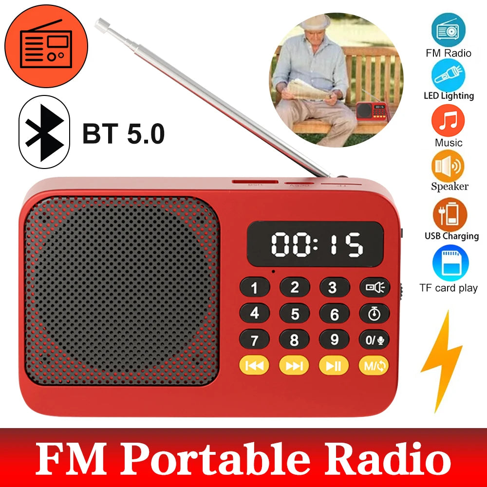 Red portable radio music player with telescopic antenna and LED display