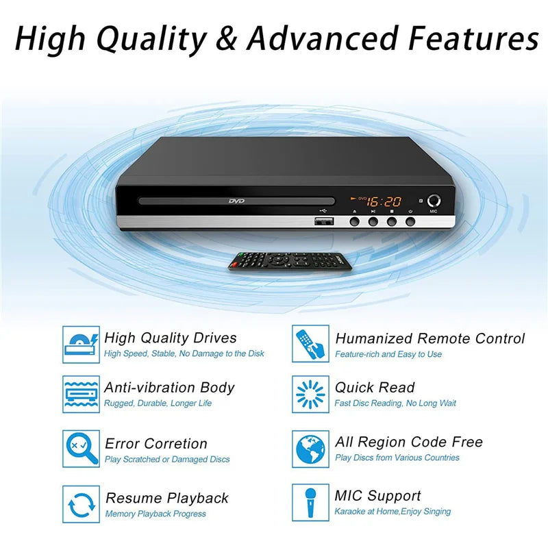 DVD Player High-defination 1080P Home Box For TV All Region Free CD-Discs AV-Output Built-in MIC-port