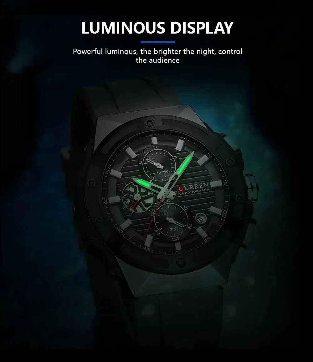 CURREN Fashionable Sports Multifunctional Chronograph Quartz Watch with Silicone Strap Creative Design Dial Luminous