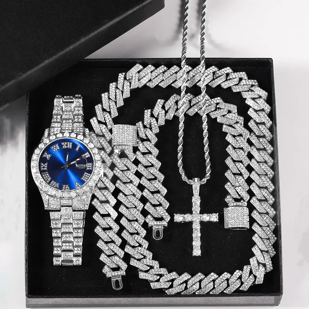 Exquisite Watch Set with Gift Box Cuban Chain Diamond Rhinestone Bracelet Pendant Cross Hip Hop Fashion Jewelry Men
