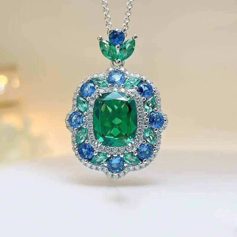 Europe America Luxury Platinum Plated Jewelry Sets Fashion Women Bridal Square Green Stone Pendant Necklaces Earrings